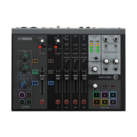 AG08 B Consola de Mezcla de 8 Canales para Streaming en Vivo con Interfaz USB, Efectos DSP y Sampler Integrado