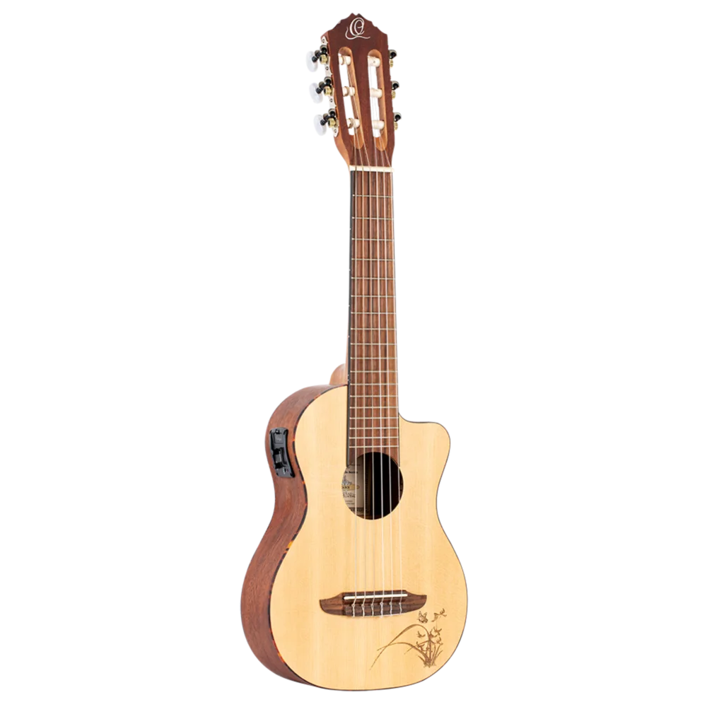 RGL5CE  Mini Travel Series – Guitarra de Viaje 1/8 con Tapa de Abeto, Fondo de Sapele y Grabado Láser Natural