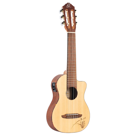 RGL5CE  Mini Travel Series – Guitarra de Viaje 1/8 con Tapa de Abeto, Fondo de Sapele y Grabado Láser Natural
