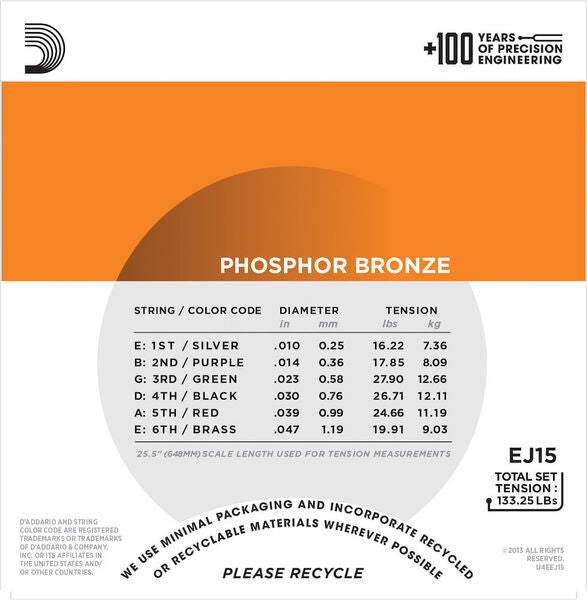 EJ15 Set de cuerdas para guitarra acústica bronce fosforado, extra ligero 10-47